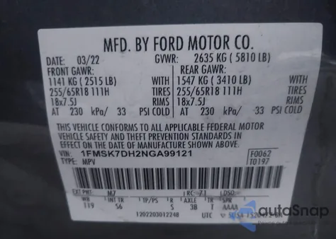 2022 Ford Explorer Xlt z USA, uszkodzony, nr VIN 1FMSK7DH2NGA99121